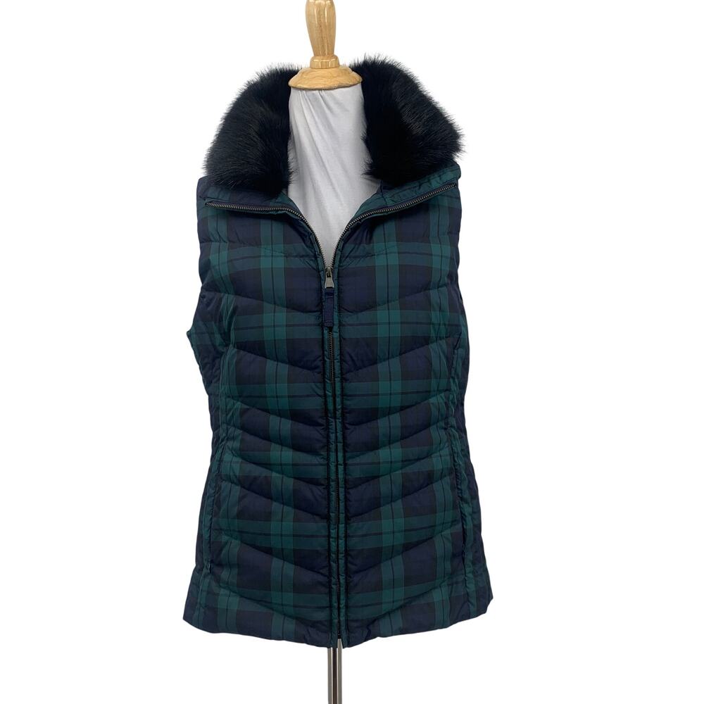 Talbots Vest Women M Medium Kelly Black Faux Fur Collar Down Zip Up Tartan Plaid